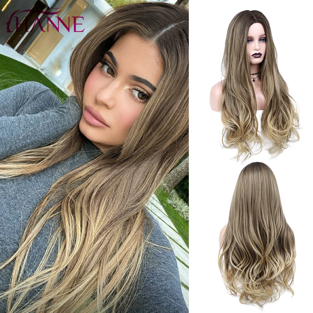 

HANNE Ombre Long Wave Mix Blonde Brown Synthetic Natural Wigs Cosplay/Daily Use Heat Resistant Fiber Hair For Black/White Women