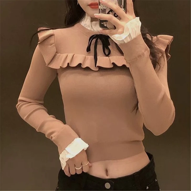 Sweet Women Ruffles O-Neck Sweaters 2020 Autumn Fashion Ladies Bow Knitted Tops Elegant Female Chic Patchwork Pullovers 
Sweet Women Ruffles O-Neck Sweaters 2020 Autumn Fashion Ladies Bow Knitted Tops Elegant Female Chic Patchwork Pullovers