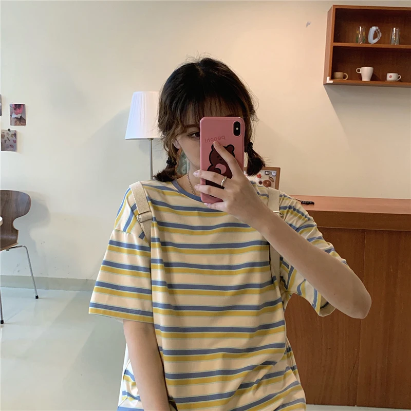 Loose Vintage Colorful Striped Casual Basic Street Short Sleeve 2021 New Spring Fashion Women Female Top T-shirts
Loose Vintage Colorful Striped Casual Basic Street Short Sleeve 2021 New Spring Fashion Women Female Top T-shirts