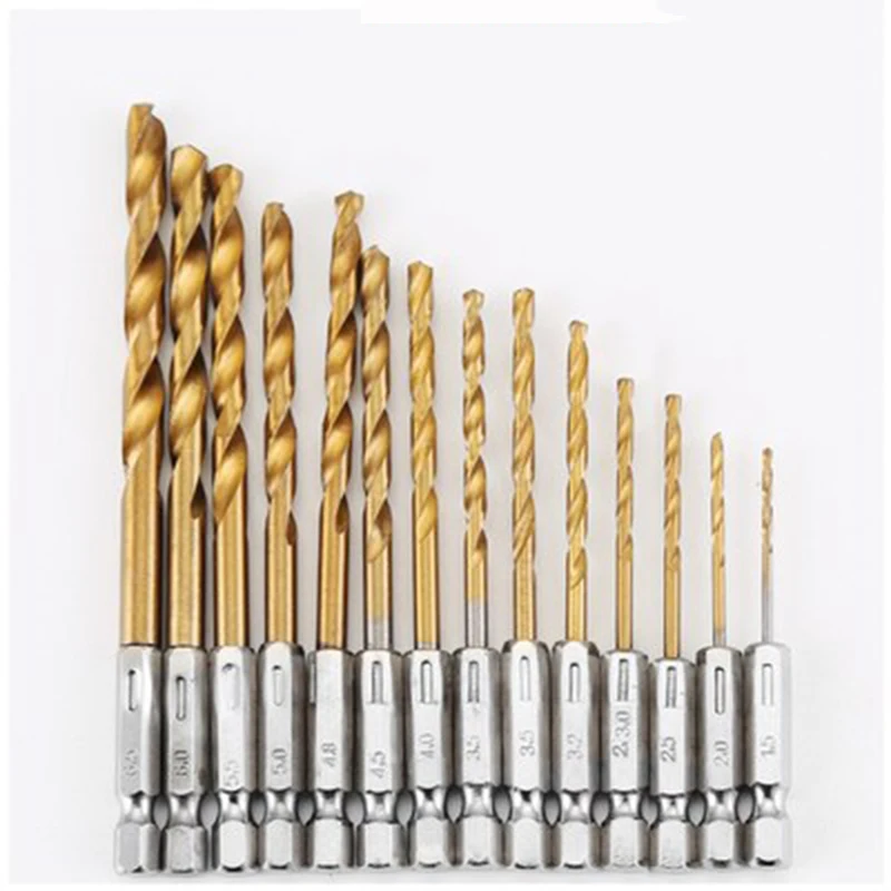 13pcs 1/4 Hex Shank Tungsten Twist Drill Bit HSS Bits Carbide High Speed Steel Titanium Coated Drill Bit Set 1.5-6.5mm 01
13pcs 1/4 Hex Shank Tungsten Twist Drill Bit HSS Bits Carbide High Speed Steel Titanium Coated Drill Bit Set 1.5-6.5mm 01