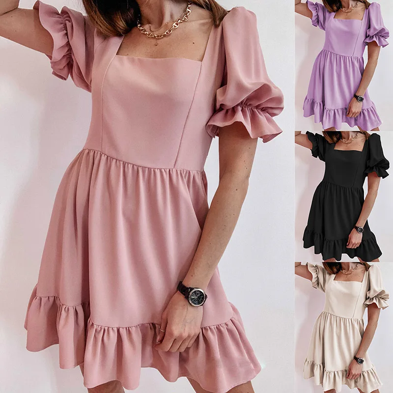 Elegant Solid Women Dress Lotus Sleeve A-Line Sexy Square Collar Ruffle Lady Party Dress Fashion Casual Loose Dress 2021 Summer
Elegant Solid Women Dress Lotus Sleeve A-Line Sexy Square Collar Ruffle Lady Party Dress Fashion Casual Loose Dress 2021 Summer