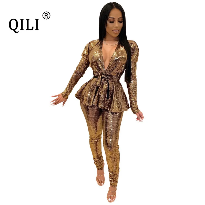 QILI Top and Pants 2 Piece Set Sequined Outfits Women Fashion Jumpsuits Sexy V-neck Long Sleeve Sashes Jumpsuits 2020
QILI Top and Pants 2 Piece Set Sequined Outfits Women Fashion Jumpsuits Sexy V-neck Long Sleeve Sashes Jumpsuits 2020
