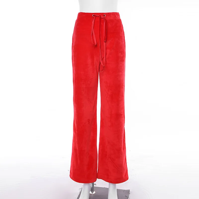 BOOFEENAA High Waist Wide Leg Pants Women Streetwear Letter Embroidery Velvet Red Black Sweatpants Harajuku Trousers C94-AC97 | Женская
