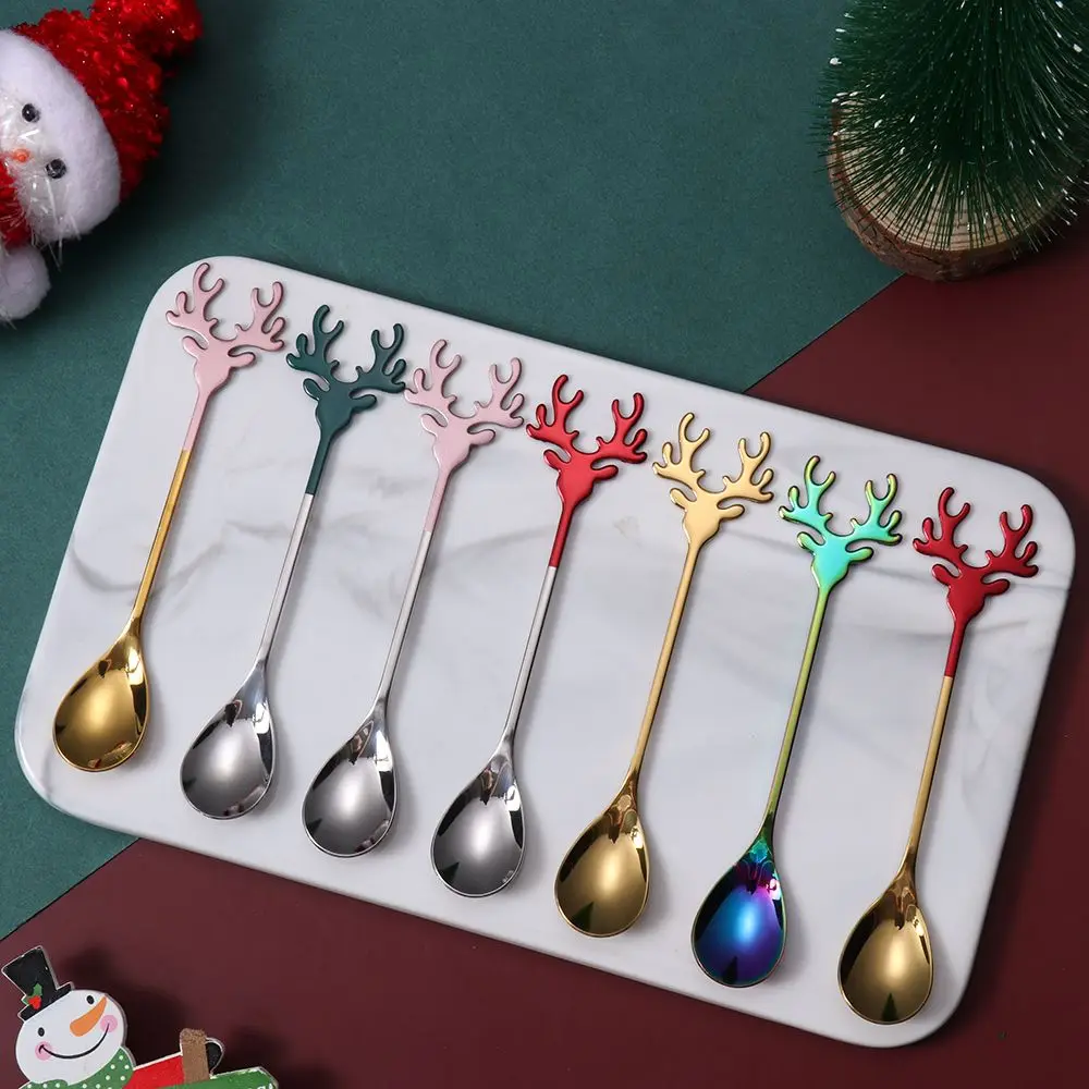 

Tableware Stainless Steel Christmas Deer Head Stirring Spoon Christmas Spoons Tea Scoop Coffee Scoops Xmas Antlers