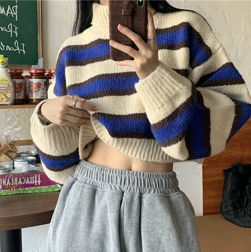 2021 New top Loose lazy wind color pit strip high collar pullover sweater female long-sleeved knitted sweater
2021 New top Loose lazy wind color pit strip high collar pullover sweater female long-sleeved knitted sweater