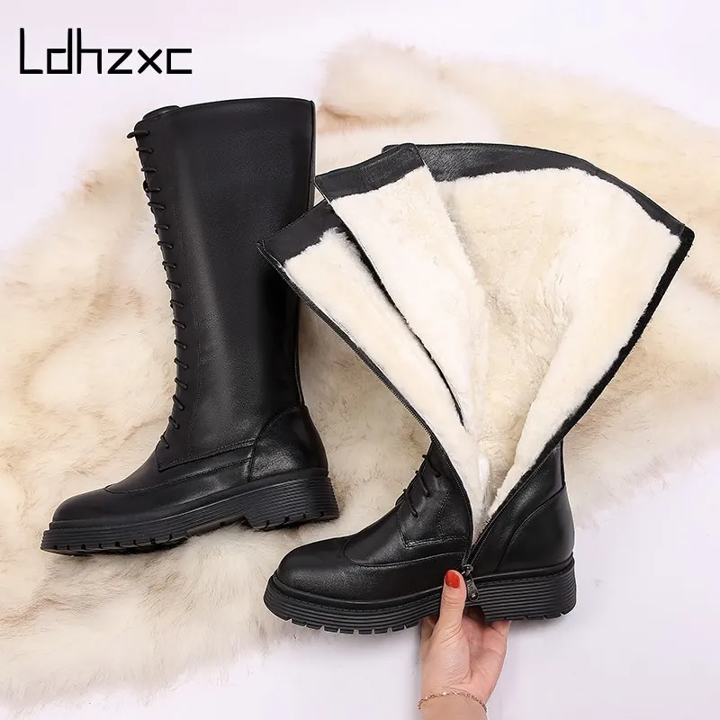 

LDHZXC 2020 New Genuine leather boots women shoes lace up warm winter boots nature sheep wool mid calf boots ladies botas
