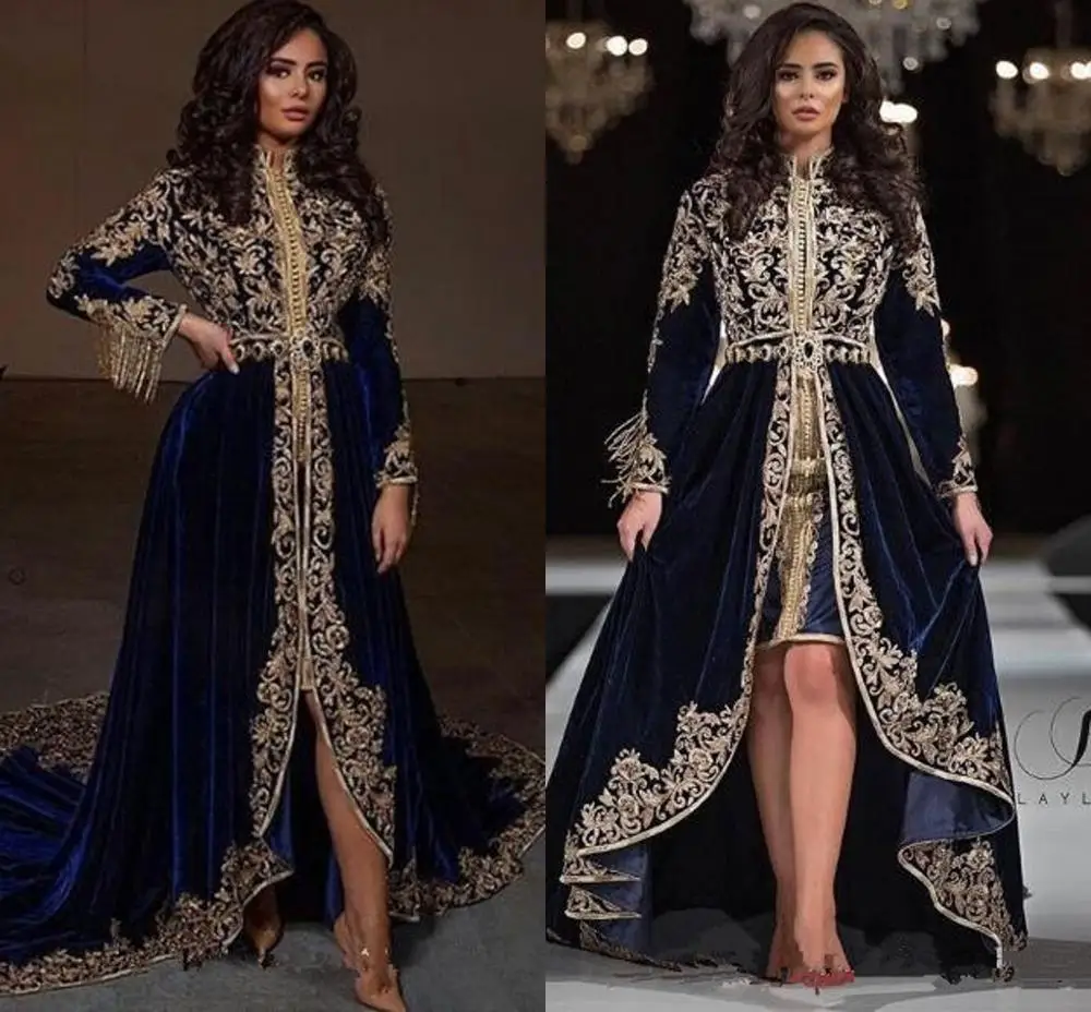 Темно синее кружево бисером 2019 арабские Caftans вечерние платья с высоким воротом