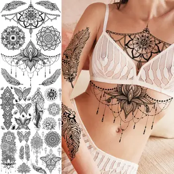 Black Henna Lotus Pendant Underboob Mandala Feather Temporary Tattoos For Women Adult Butterfly Whale Fake Tattoo Arm Tatoo