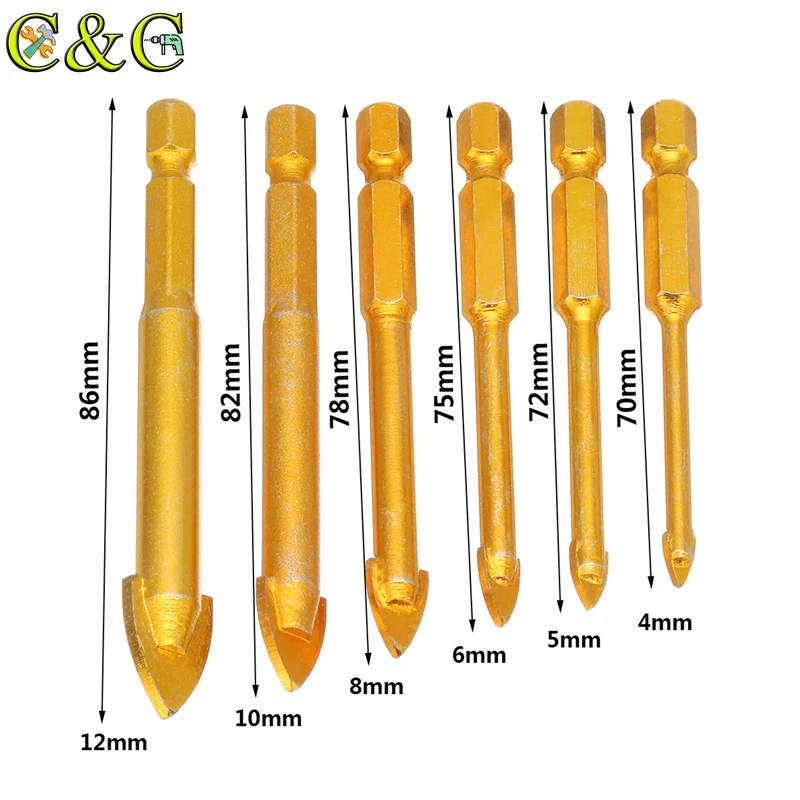 7Pcs 3/4/5/6/8/10/12mm Tile Drill Bits For Glass Ceramic Concrete Hole Opener 1/4" Hex Shank Titanium Coating Drill Bit Tools
7Pcs 3/4/5/6/8/10/12mm Tile Drill Bits For Glass Ceramic Concrete Hole Opener 1/4" Hex Shank Titanium Coating Drill Bit Tools