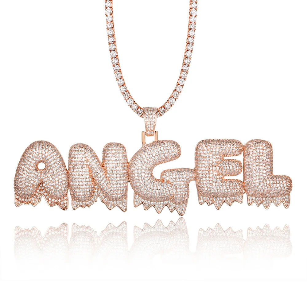 

Luxury Custom Name Drip Waterdrop Letter Angel Zircon Pendant Necklace 100% Micro Pave CZ Hip Hop Iced Out Tennis Chain Jewelry