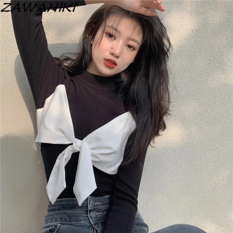 ZAWAHIKI Stitching Bowknot Tops Women Autumn Slim Irregular Bottoming T Shirt Thin Harajuku Vintage Tshirts Short Black T-shirt
ZAWAHIKI Stitching Bowknot Tops Women Autumn Slim Irregular Bottoming T Shirt Thin Harajuku Vintage Tshirts Short Black T-shirt