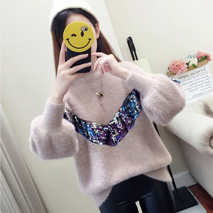 2020 New Women Autumn Spring Mohair Sweater and Pullovers Crew neck Sequin Warm Korean Sweater Casual Pullover pull femme
2020 New Women Autumn Spring Mohair Sweater and Pullovers Crew neck Sequin Warm Korean Sweater Casual Pullover pull femme