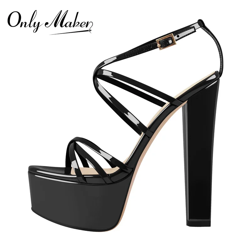 

Onlymaker Women Platform Sandals Black Pink Patent Leather Narrow Cross Strap Ankle Buckle Chunky High Heels Large Size Sandals