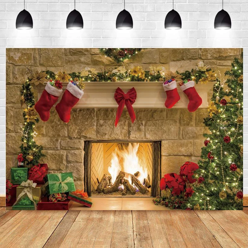 

Фон для фотосъемки с изображением рождественской елки, огненного камина, рождественских носков, вечеринки в честь Дня Рождения, зимний фон ...