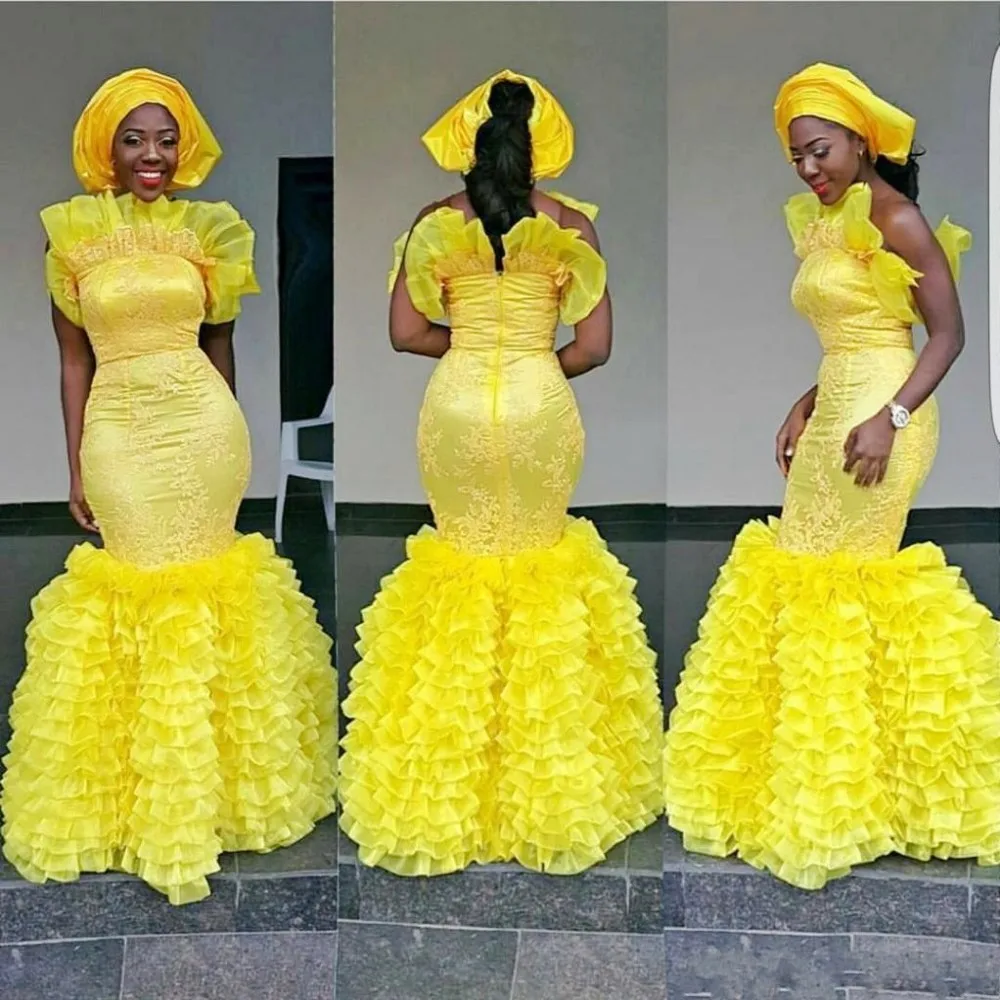 

Aso Ebi Yellow Mermaid Evening Dresses Off The Shoulder Plus Size Prom Dress Tiered Skirts Applique Dubai Formal Party Verstidos