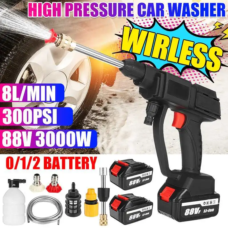 3000W 88V Cordless Car Washer Water Gun High Pressure Car Wash Water Gun Portable High Pressure Washer Foam With 2Pcs Battery
3000W 88V Cordless Car Washer Water Gun High Pressure Car Wash Water Gun Portable High Pressure Washer Foam With 2Pcs Battery