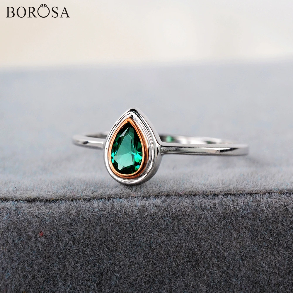 

BOROSA 5Pcs 92.5% Silver Color Rings Teardrop Green Crystal Rings CZ Micro Paved Statement Ring for Women Girls Rings WX1381