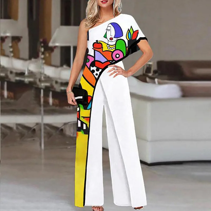 2021 jumpsuit European and American women's abstract printing fashion oblique shoulder loose wide-leg pants
2021 jumpsuit European and American women's abstract printing fashion oblique shoulder loose wide-leg pants