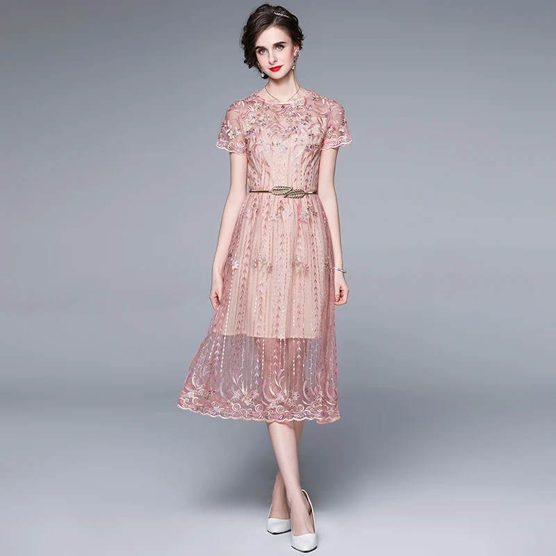 

Новое поступление, роскошное летнее розовое Сетчатое платье JSXDHK, подиумное женское вечернее платье миди с цветочной вышивкой вечерние коро...