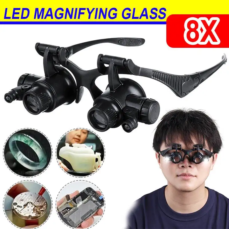 

8 Lens Loupe Headband LED Light Glasses Magnifier 2.5X 4X 6X 8X 10X 15X 20X 25X Watchmaker Jewelry Optical Lens Magnifier Glass