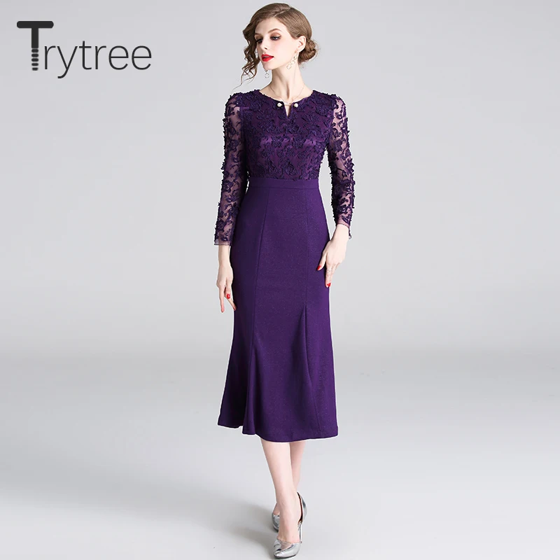 Trytree 2020 Autumn Winter Women Dress Casual Dress O-neck Embroidery Fashion Elegant Purple Lace Slim fit Mid-Calf Dress
Trytree 2020 Autumn Winter Women Dress Casual Dress O-neck Embroidery Fashion Elegant Purple Lace Slim fit Mid-Calf Dress