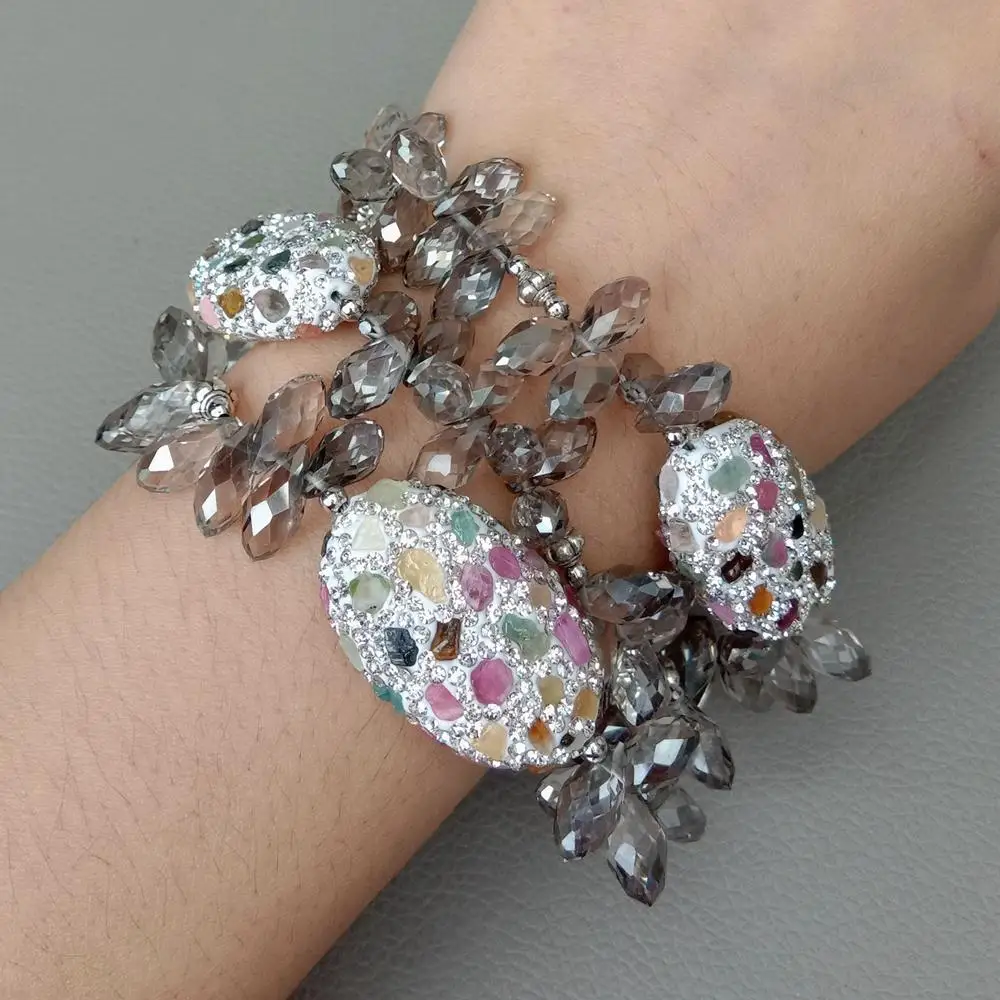 8'' 3 Strands Gray Crystal faceted teardrop strand Bracelet cz Pave Tourmaline chip Beads connector for women
8'' 3 Strands Gray Crystal faceted teardrop strand Bracelet cz Pave Tourmaline chip Beads connector for women