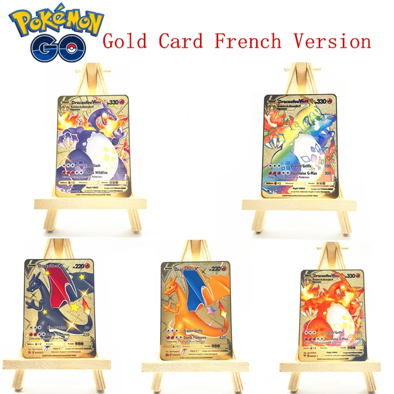 

2021 Latest Pokemon French Flash Metal Fire-breathing Dragon Gx Vmax Metal Rare Card Pikachu Game Battle Collection Card Gift