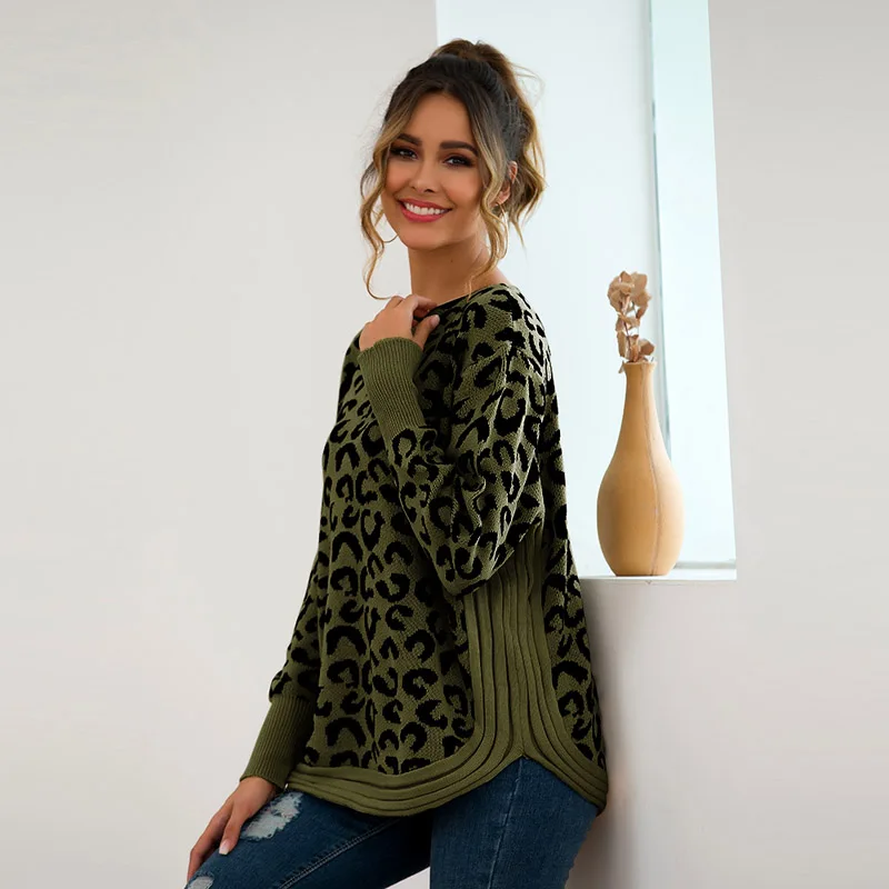 Женский свитер с длинным рукавом и леопардовым принтом Повседневный пуловер