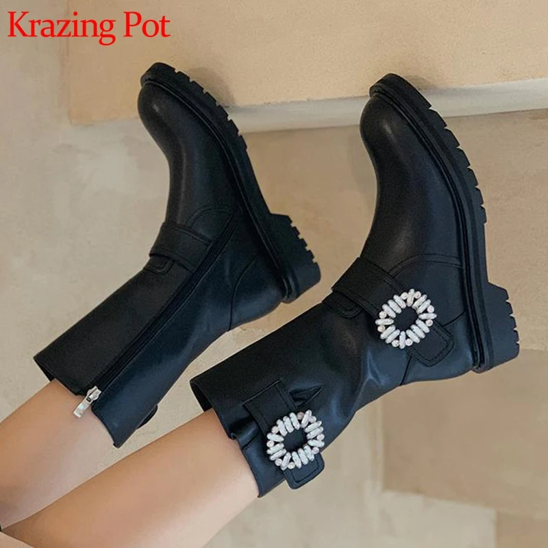 Krazing Pot recommend genuine leather med heels Chelsea boots black color round toe zipper crystal fasteners mid-calf boots L66
Krazing Pot recommend genuine leather med heels Chelsea boots black color round toe zipper crystal fasteners mid-calf boots L66