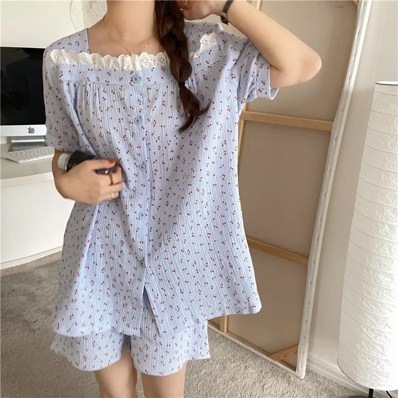 Cherry Print Summer Pajamas Set Women Kawaii Korean Single Breasted Shirts + Shorts Set Two Piece Home Suit Sweet Cotton
Cherry Print Summer Pajamas Set Women Kawaii Korean Single Breasted Shirts + Shorts Set Two Piece Home Suit Sweet Cotton
