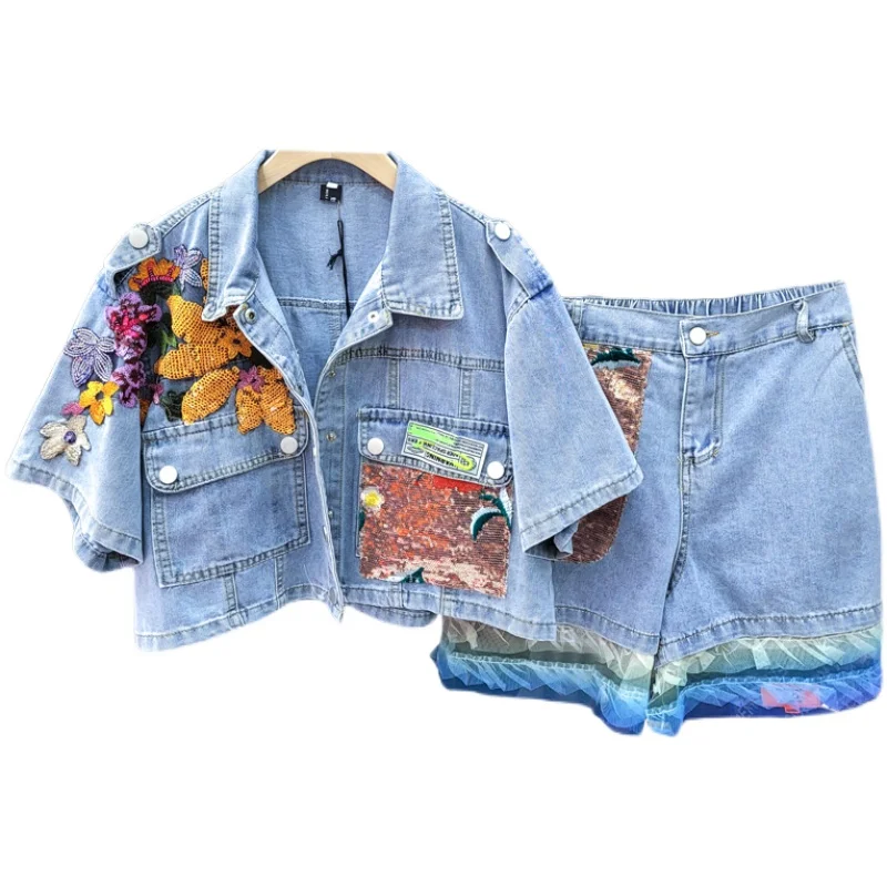 Women Two Pieces Shorts Set 2021 Mesh Stitching Embroidered Sequins Denim Shorts Blue Short Sleeve Casual Loose Denim Jacket 
Women Two Pieces Shorts Set 2021 Mesh Stitching Embroidered Sequins Denim Shorts Blue Short Sleeve Casual Loose Denim Jacket
