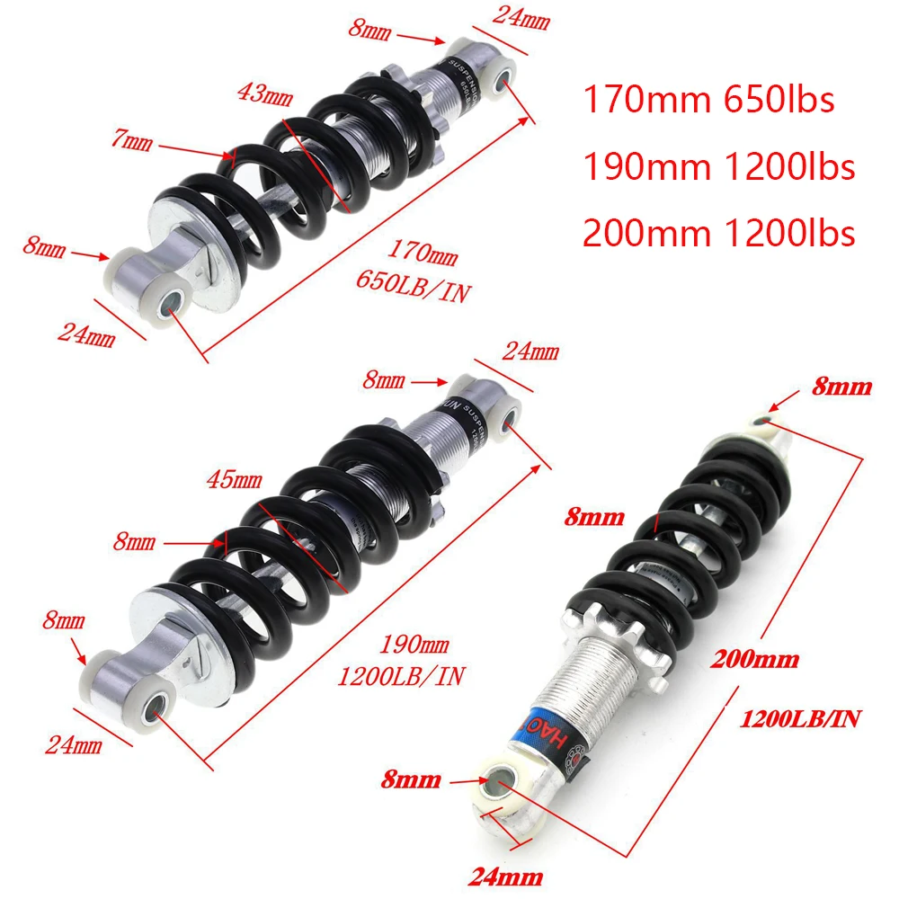 Rear Motorcycle Mini Suspension Shock Absorber Spring 650/1200LBS For 170/190/200mm 2 Stroke Engines Dirt Pit Bike ATV Go Kart
Rear Motorcycle Mini Suspension Shock Absorber Spring 650/1200LBS For 170/190/200mm 2 Stroke Engines Dirt Pit Bike ATV Go Kart