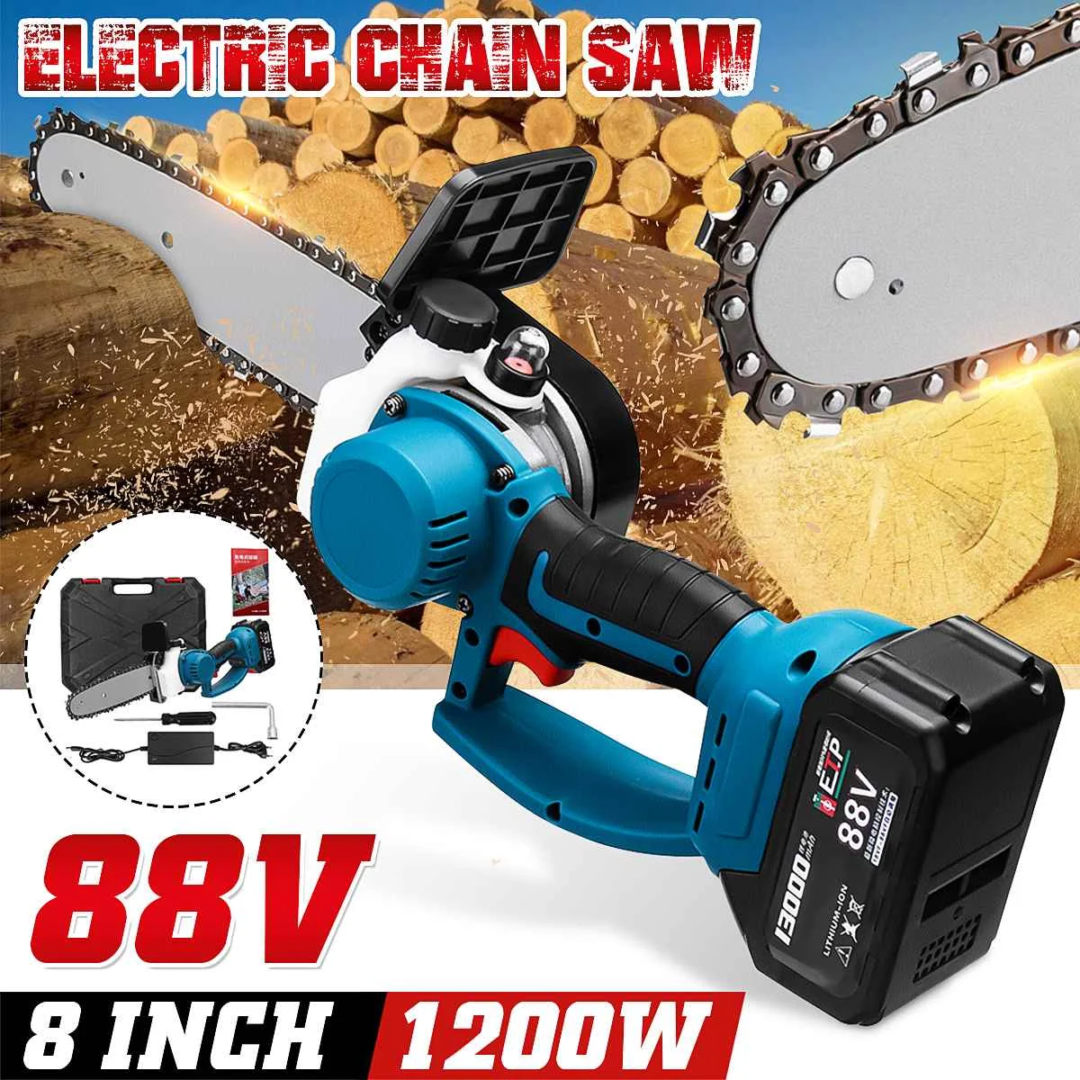 8 Inch 88V Rechargeable Electric Saw Chainsaw 1200W Brushless Motor with 2 Batteries Woodworking Cutter Tool For Makita Battery
8 Inch 88V Rechargeable Electric Saw Chainsaw 1200W Brushless Motor with 2 Batteries Woodworking Cutter Tool For Makita Battery