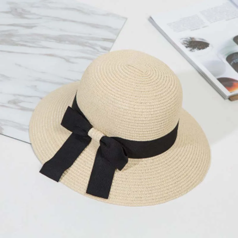 

Simple Beach Wide-Brimmed Floppy Disk Female Summer Cap Sunscreen Sun Visor Big Brim UV Protection Travel Bowknot Straw Hat S41