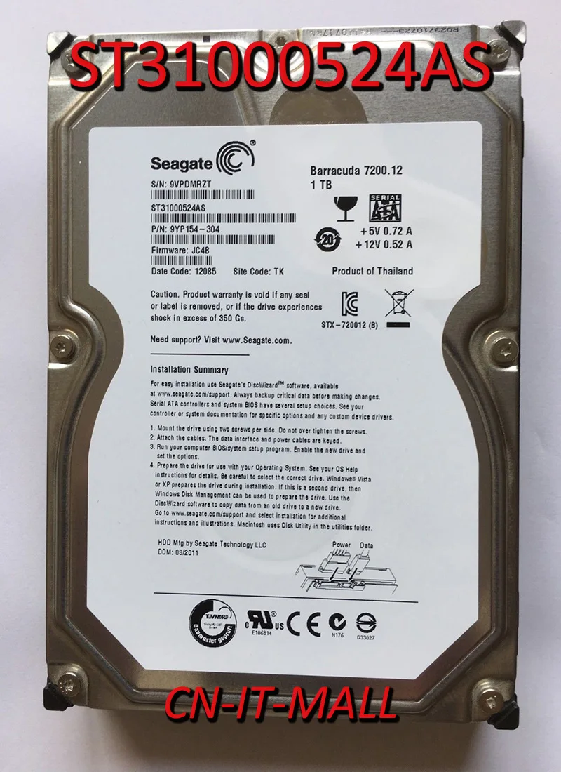 

Seagate BarraCuda ST31000524AS 1TB 7200 RPM 32MB Cache SATA 6.0Gb/s 3.5" Internal Hard Drive