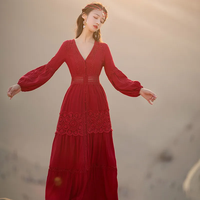 Фото Женское Хлопковое платье в стиле бохо красное элегантное пляжное большого