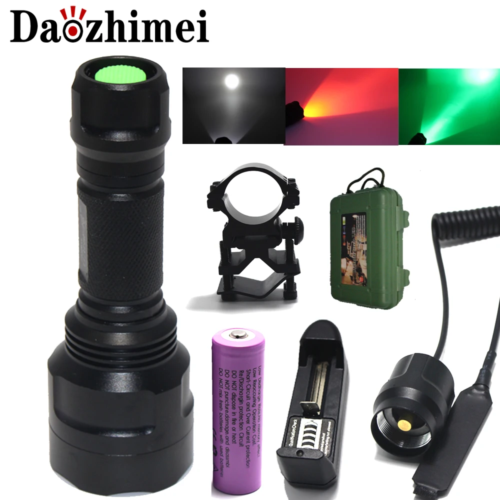 Tactical Flashlight White/Green/Red R5 T6 led torch+battery+Charger+Pressure Switch Mount Hunting Rifle Gun Light Lamp+box
Tactical Flashlight White/Green/Red R5 T6 led torch+battery+Charger+Pressure Switch Mount Hunting Rifle Gun Light Lamp+box