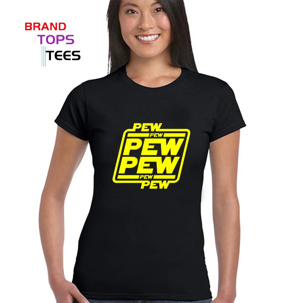 

Cool Fashion JEDI Falcon Women Tee Tops Death Fight T shirt girl Funny Letters Design "PEW PEW PEW" Golden PU Printed T-shirt