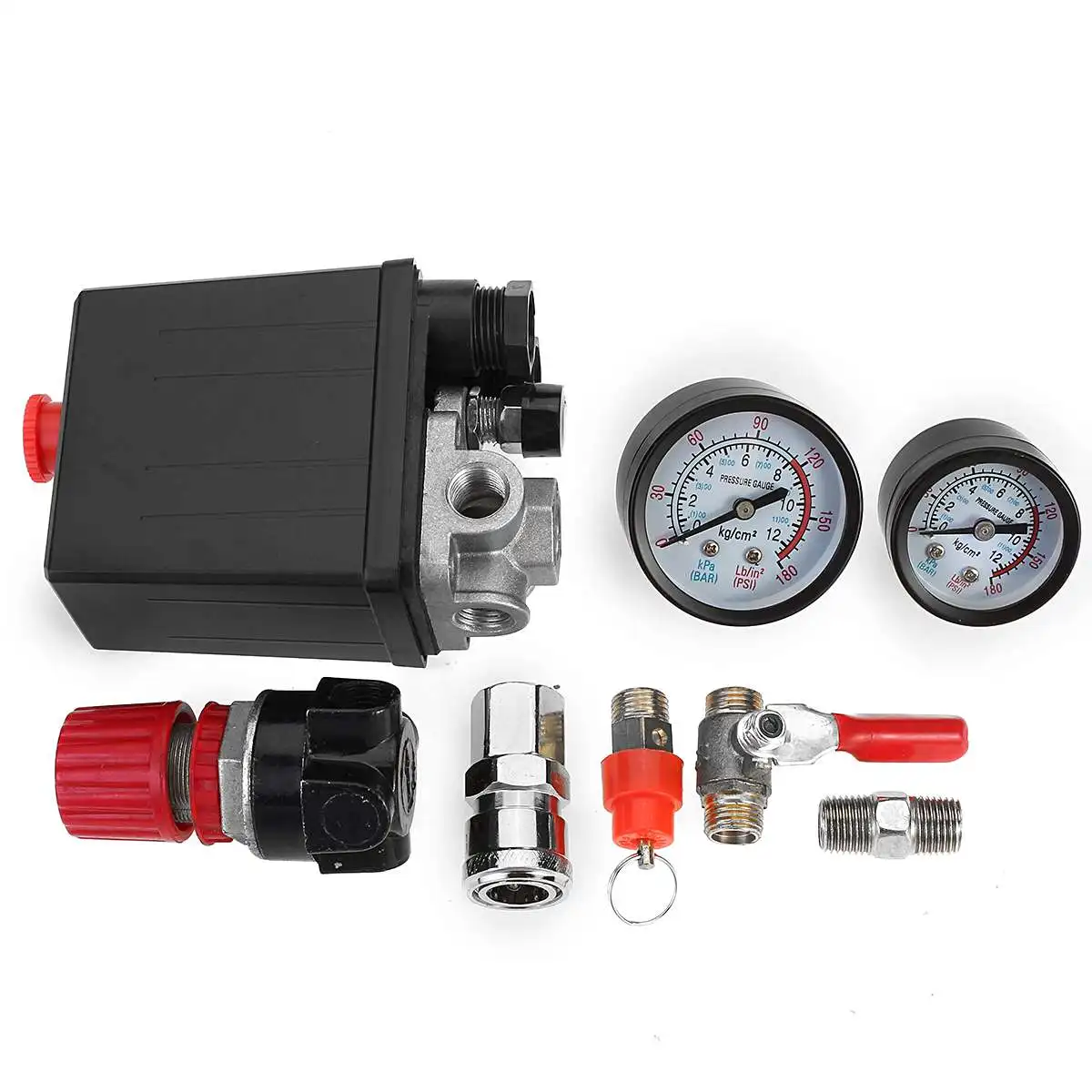 240V Air Compressor Pump Pressure Switch Manifold Regulator Control Valve with Quick Connector Gauges 90-120 PSI
240V Air Compressor Pump Pressure Switch Manifold Regulator Control Valve with Quick Connector Gauges 90-120 PSI