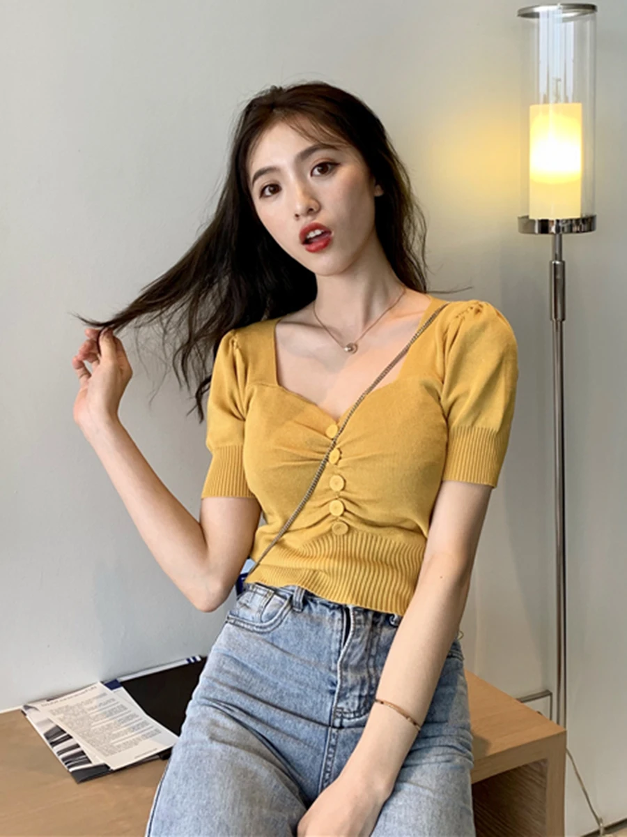 Sexy V Neck Summer Women T Shirt Slim Short Sleeve Kintted Woman Tshirts Korean Style Women's Clothing Fashion Crop Tops WPY3045
Sexy V Neck Summer Women T Shirt Slim Short Sleeve Kintted Woman Tshirts Korean Style Women's Clothing Fashion Crop Tops WPY3045
