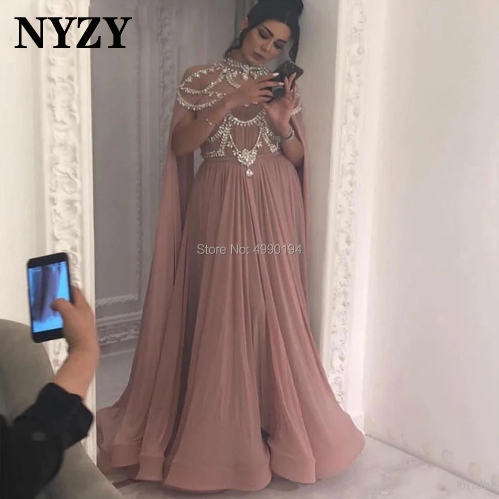 

Cape Long Sleeves Crystal Arabic Evening Dresses Dubai NYZY E270 Celebrity Red Carpet Wedding Party Dress vestidos formales