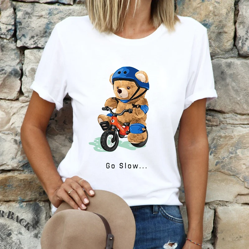 Футболка женская однотонная с коротким рукавом, модная мишка тедди на велосипеде, свободная повседневная одежда для девушек, топ для студен... 
Футболка женская однотонная с коротким рукавом, модная мишка тедди на велосипеде, свободная повседневная одежда для девушек, топ для студен...