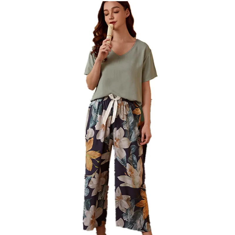 Women Sleepwear Cotton Viscose Pajamas Set Contrasting Color Pajamas Short Sleeve Sleep Tops with Long Trousers Female Homewear
Women Sleepwear Cotton Viscose Pajamas Set Contrasting Color Pajamas Short Sleeve Sleep Tops with Long Trousers Female Homewear