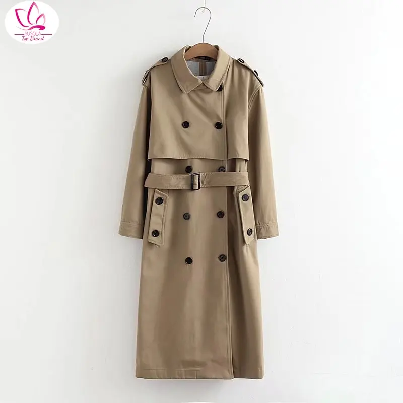 

Women Khaki Long Trench Coat With Sashes Buttons 2020 Autumn Winter Office Ladies Turndown Neck Loose Outwear Double Breasted
