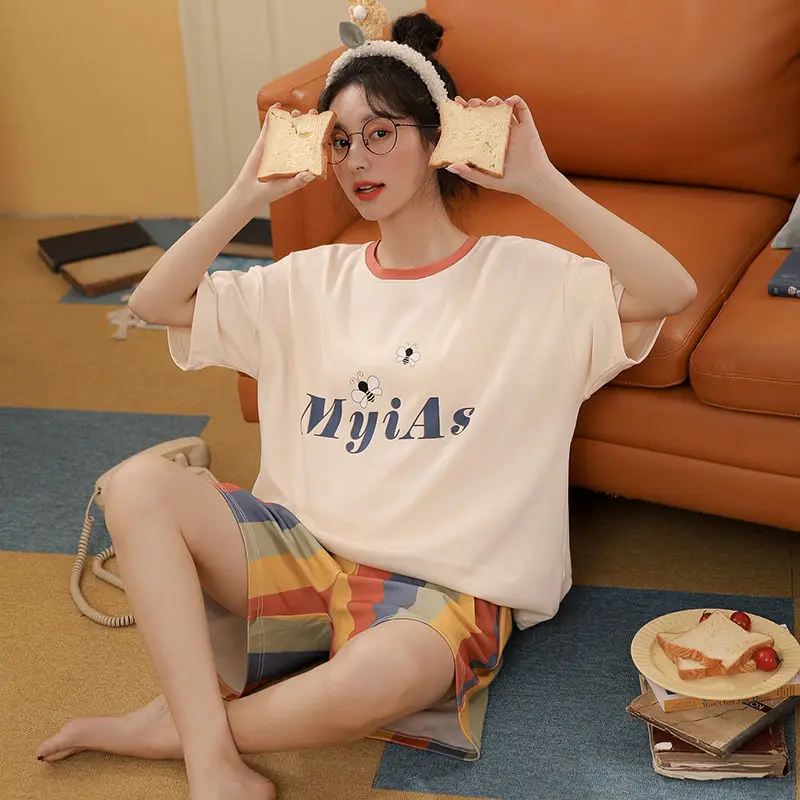 Pajama Sets Women Short Sleeve and Shorts Summer Casual O-neck Sleepwear Student Sweet Cute Homewear Nightwear Lounge Two Pieces
Pajama Sets Women Short Sleeve and Shorts Summer Casual O-neck Sleepwear Student Sweet Cute Homewear Nightwear Lounge Two Pieces