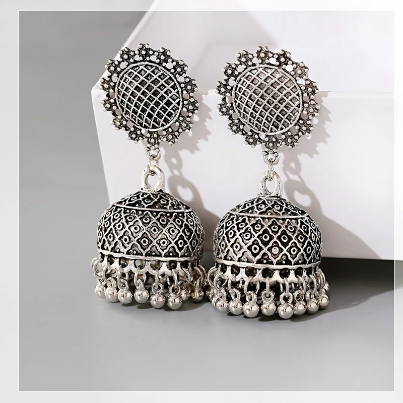 

Retro Bollywood Oxidized Earrings Womens Ethnic Flower Silver Plated Afghan Bell Tassel Jhumka Indian Earrings Wedding Jewelry