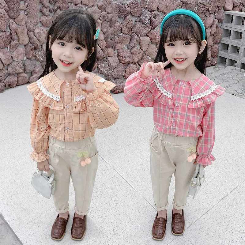 

Children's Clothing 2021 Girls Spring Fashion Lapel Plaid Lantern Sleeve Shirt Long-sleeved Korean Casual Pants Two-piece Suit