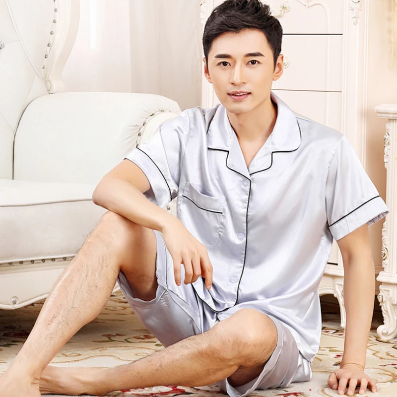 Satin Sleep Set Men's Pajamas Suit 2PCS Pyjamas Casual Sleepwear Summer New Short Sleeve Male Nightwear Home Clothing 
Satin Sleep Set Men's Pajamas Suit 2PCS Pyjamas Casual Sleepwear Summer New Short Sleeve Male Nightwear Home Clothing