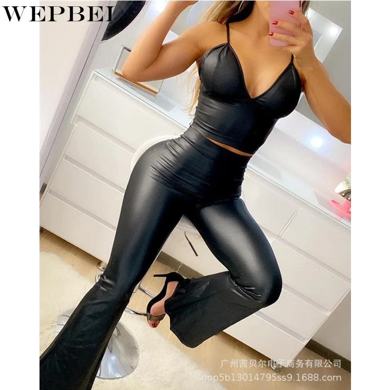 WEPBEL Fashion Women Outfits Ladies Sexy PU Leather Spaghetti Strap Crop Top & Flared Pants Two Pieces Set Female Tracksuit
WEPBEL Fashion Women Outfits Ladies Sexy PU Leather Spaghetti Strap Crop Top & Flared Pants Two Pieces Set Female Tracksuit