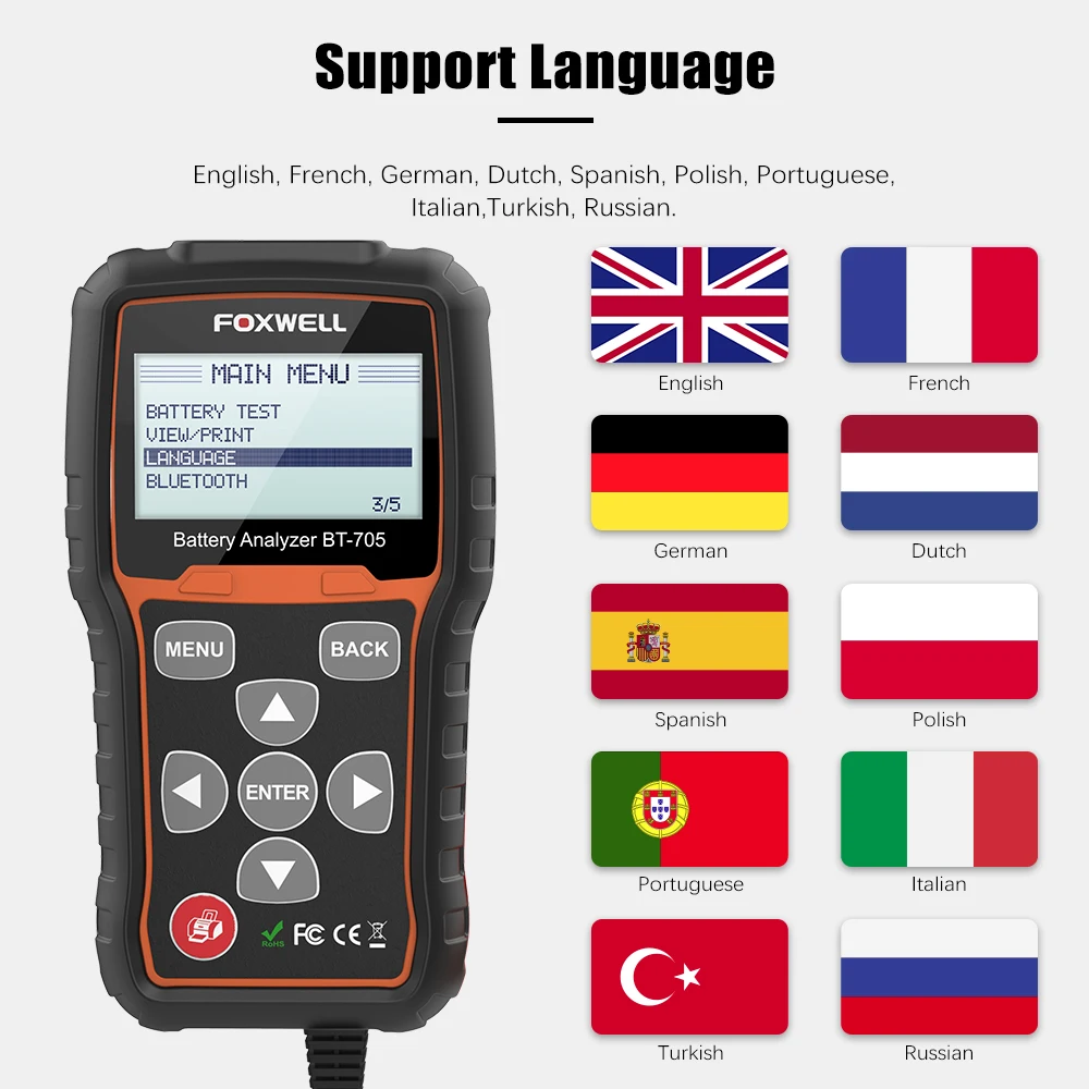 FOXWELL BT705 Car Battery Tester Check Batteries Cranking Test Charging System 100CCA 2000CCA12V 24V Truck Automotive Tools
FOXWELL BT705 Car Battery Tester Check Batteries Cranking Test Charging System 100CCA 2000CCA12V 24V Truck Automotive Tools